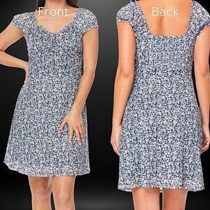 WallFlower Puff Sleeve Mini Mesh Dress with smocked back Black Blue Floral-S XL